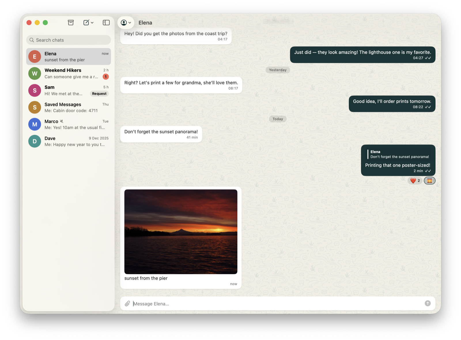 Estuary showing a conversation with a photo, a quoted reply with reactions, and a chat list with unread badges