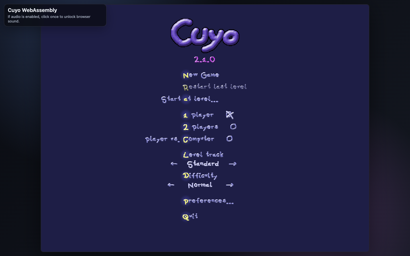 Cuyo 2.1.0 main menu running in the browser