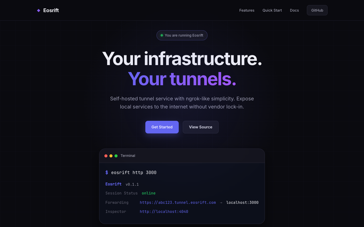 Eosrift landing page — your infrastructure, your tunnels