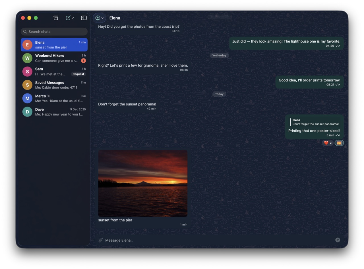 Estuary, a native Delta Chat client for macOS, showing a conversation in dark mode
