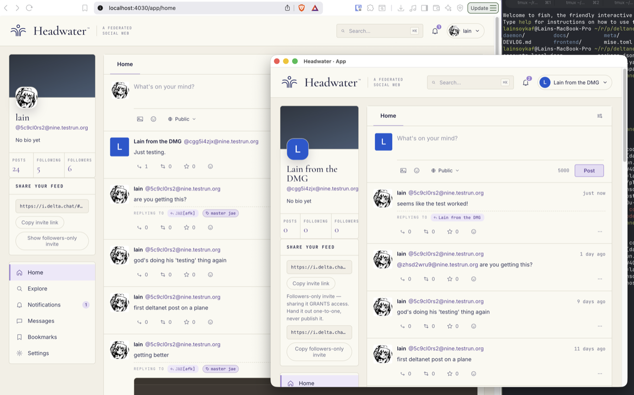 Two Headwater nodes exchanging posts on the home timeline