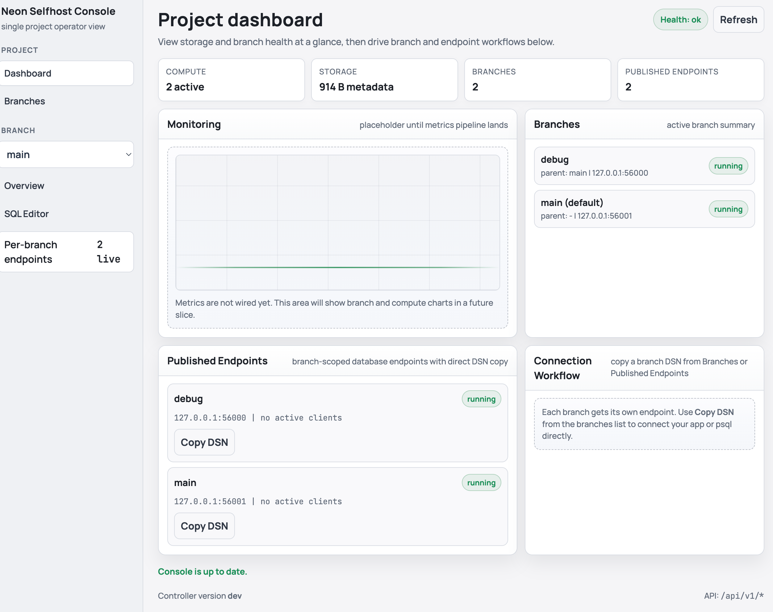 neon-selfhost console dashboard