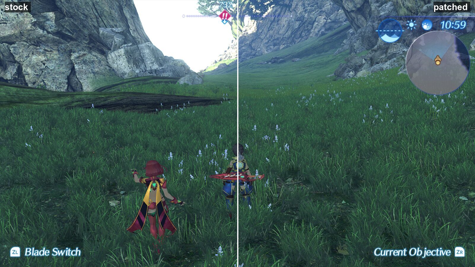 Xenoblade Chronicles 2 before/after sharpness comparison
